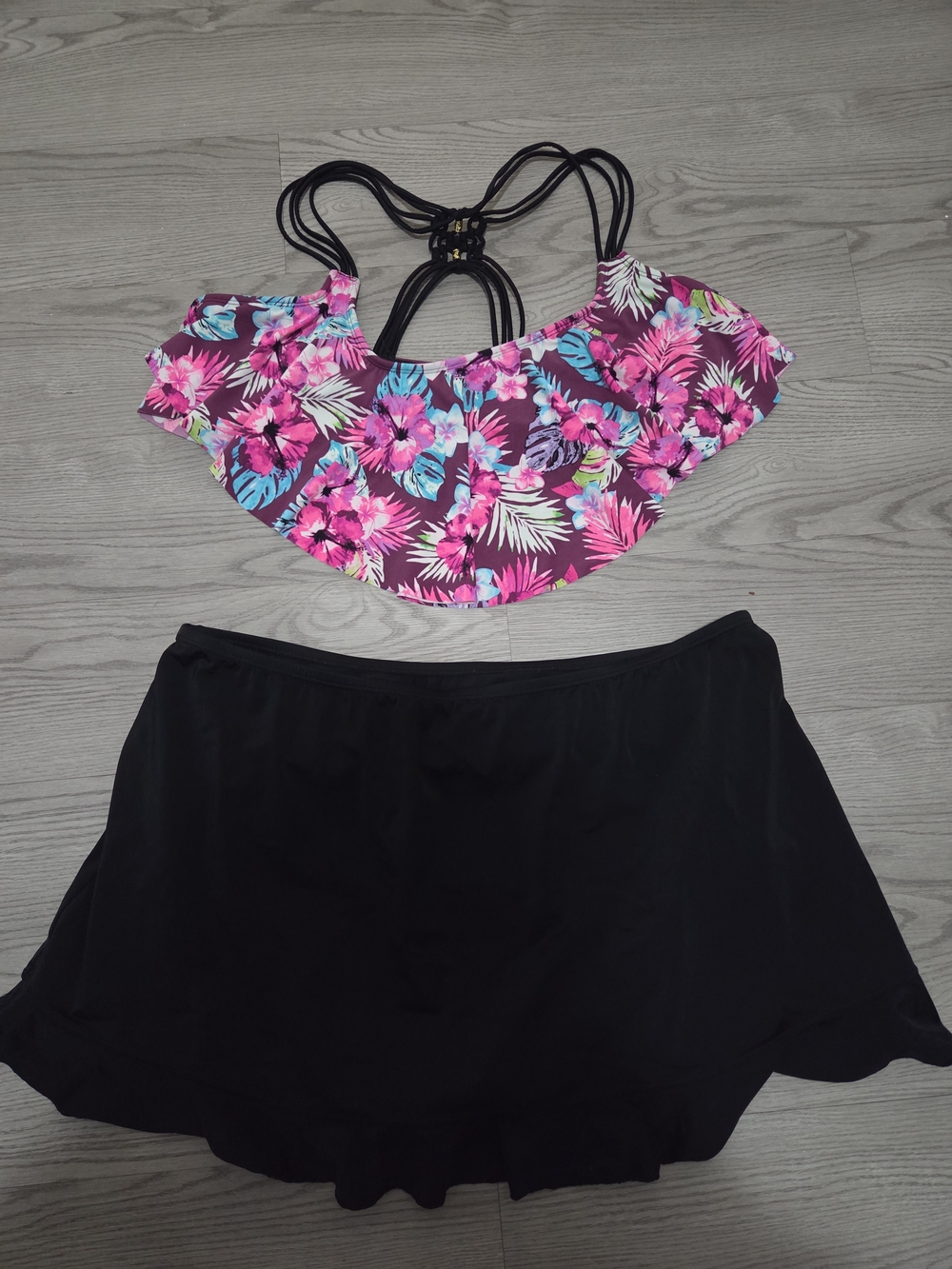 SO Purple Floral Ruffle Off-Shoulder Bikini Top with Black Swim Skirt
